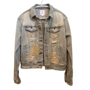 LuLaRoe Light Blue Denim Jacket  Yellow Floral Embroidery Layer Staple Sz S